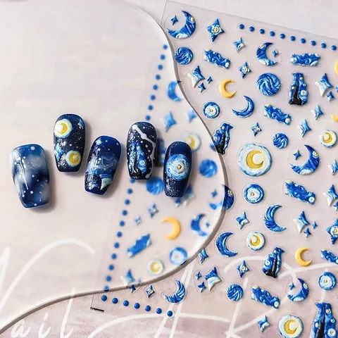 Pegatinas De Uñas En Relieve 5D Tema Van Gogh Noche Estrellada 3D Autoadhesivas Decoración De Manicura DIY Estilo Vintage