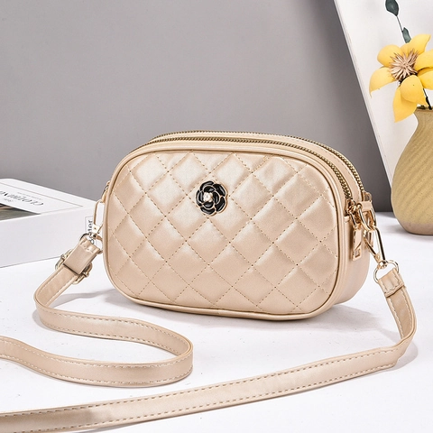 Borsa Tracolla Pelle PU Trapuntata Donna Elegante Fiore Camelia Doppia Cerniera Piccola Borsa Spalla
