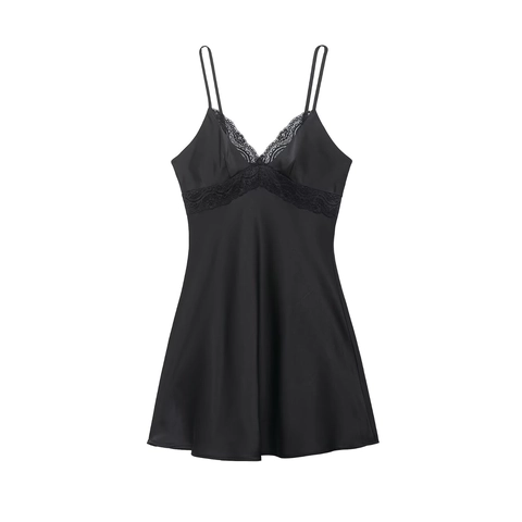Satin Mini Slip Dress Lace V Neck Sleeveless Sexy Nightdress For Women Elegant High Waist Layered Apparel
