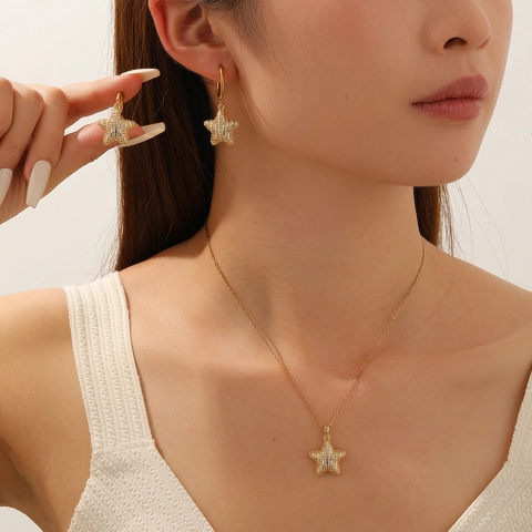 Stern Sonne Mond Halskette Und Creolen Edelstahl Kupfer Straß Weißer Muschel Süßer Modeschmuck Damen