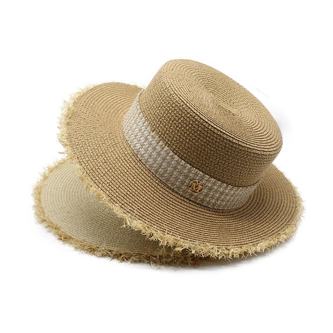 Boater Hoed Papierstro Zonbescherming Strandvakantie Geruit Lint Gerafelde Rand Plat Dak Zomer Parasol Accessoires Voor Vrouwen