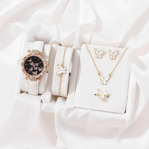 Fashion Women Butterfly Quartz Watch Jewelry Set Rhinestone Inlaid Alloy Case PU Leather Strap Bracelet Necklace Earrings Gift