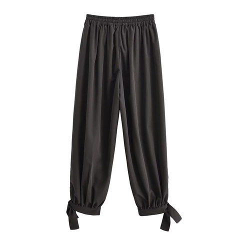 Pantalones Harem De Cintura Alta Para Mujer Poliéster Cordón Elástico Casual Linterna Joggers Con Lazo