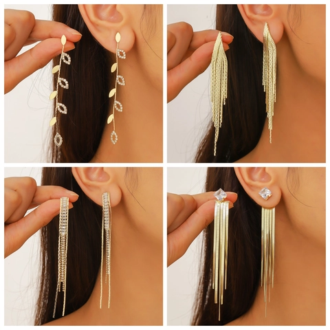 Elegant Long Tassel Dangle Earrings Shiny Rhinestone Cubic Zirconia Faux Artificial Pearl Metal Alloy For Women With Silver Earring Post Party