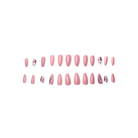 Pink Rose Floral Press On Nails Almond Shape Glossy Sweet French Style False Nails For Women With Adhesive Tabs