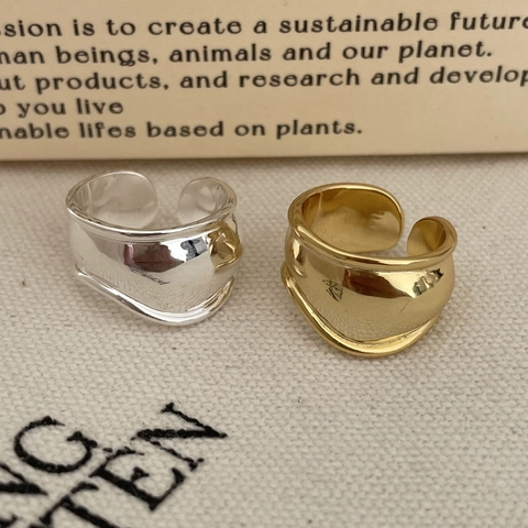 925 Sterling Silver Ring Irregular Wave Wide Face Adjustable Band Minimalist Liquid Metal Texture Jewelry For Women