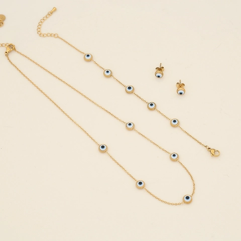 Edelstahl Halskette Armband Ohrringe Schmuckset Hamsa Hand Böser Blick Blume Kunstperle Türkis Anhänger Für Damen