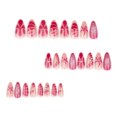 Unghie Finte Mandorla Stiletto Sfumate Rosa Fiore Strass 3D Design Goccia D'acqua Eleganti Unghie Artificiali