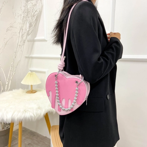 Borsa A Tracolla A Forma Di Cuore Pelle PU Effetto Liquido Borsa A Mano Donna Catena Con Sfere Metalliche Cerniera