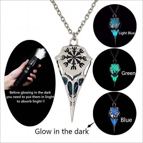 Collana Pendente Teschio Di Corvo Luminoso Lega Runa Norrena Vichinga Brilla Al Buio Gioielli Gotici Punk Unisex