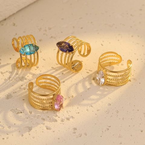 Anillo Hueco De Varias Capas De Acero Inoxidable Para Mujer Circonita Marquise Chapado En Oro Vintage Banda Abierta Ajustable