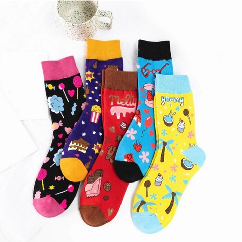 Women Crew Socks Cotton Blend Cartoon Food Dessert Pattern Breathable Creative Casual Personality Hosiery