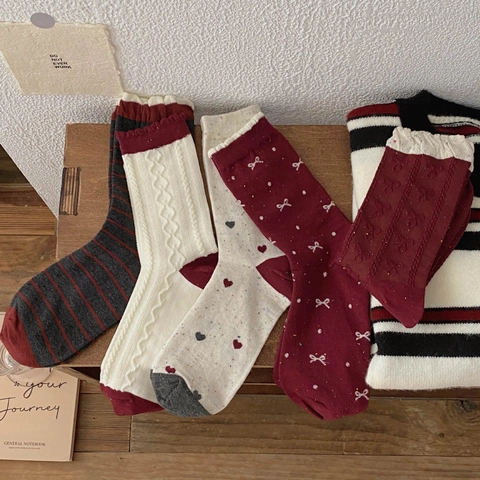 Calze Slouch Donna Misto Cotone Motivo Cuore Riga Fiocco Bordo Volant Stile Coreano Vintage Calzetteria Tubo Medio