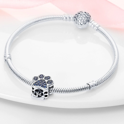 925 Sterling Silver Charm Bead Pet Dog Paw Print Blue Zircon With Hanging Bone Pendant For DIY Bracelet Necklace