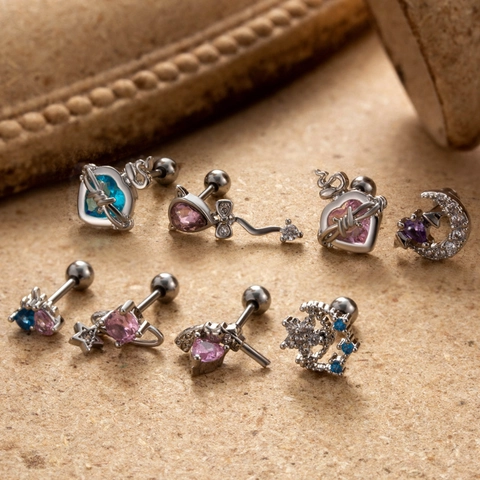 Pendientes De Cartílago De Acero Inoxidable Con Circonitas Estrella Luna Corazón Cierre De Rosca Joyería Para Mujeres