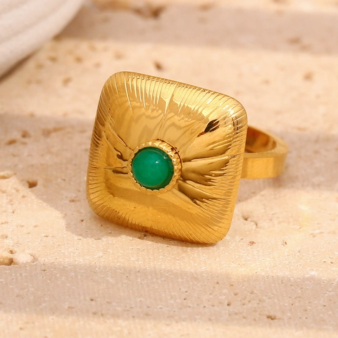 Vintage Square Green Gemstone Ring Stainless Steel 18K Gold Plated Adjustable Open Finger Jewelry For Women Retro Fashion