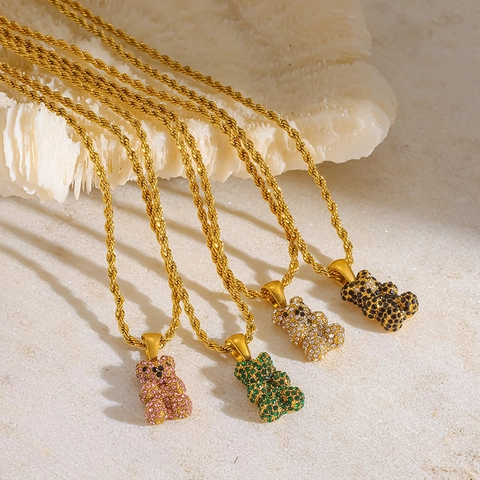Bear Pendant Necklace Stainless Steel Twist Chain Rhinestone Inlaid 18K Gold Plated Waterproof Jewelry For Women
