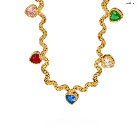 Bunte Herz Anhänger Halskette Gold Titanstahl Messing Zirkonia Geometrische Kordelkette Schmuck Für Damen