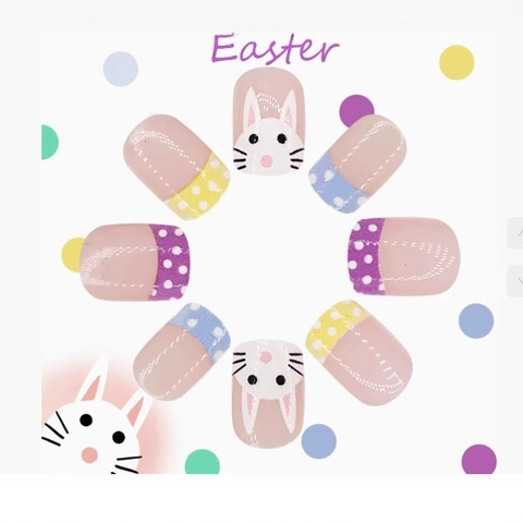 Unghie Finte Press On Pasqua Coniglio E Puntini Colorati Stile Francese ABS Lucido Per Donne Manicure