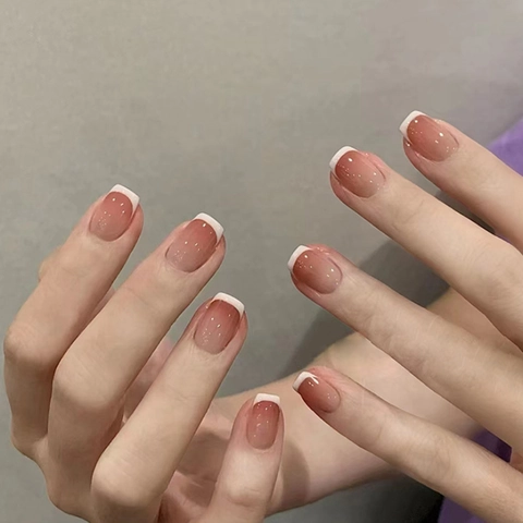 French Gradient Press On Nails Blush Pink Square Round Glossy Plastic Artificial Fingernails For Women DIY Manicure