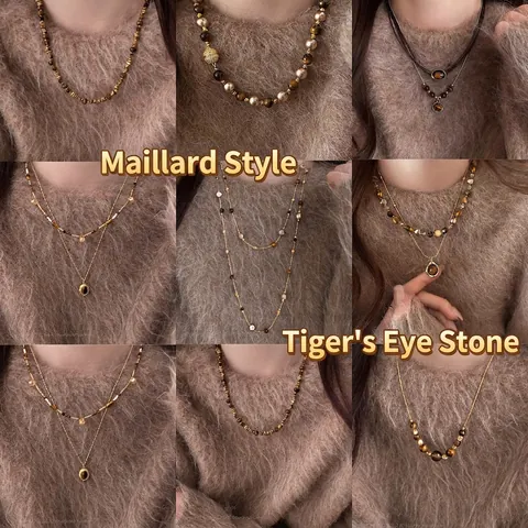 Tiger Eye Stone Pendant Necklace Vintage Retro Titanium Steel Gold Plated Sweater Chain Jewelry For Women