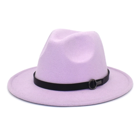 Wool Felt Fedora Hat For Women Wide Brim Vintage Jazz Cap With Leather Belt Metal Buckle Elegant Solid Color Winter