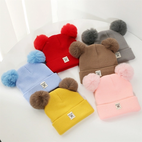 Baby Winter Warm Strickmütze Doppel Pompons Acryl Jacquard Gerippte Beanie Für Kleinkinder Jungen Mädchen Outdoor Kopfbedeckung