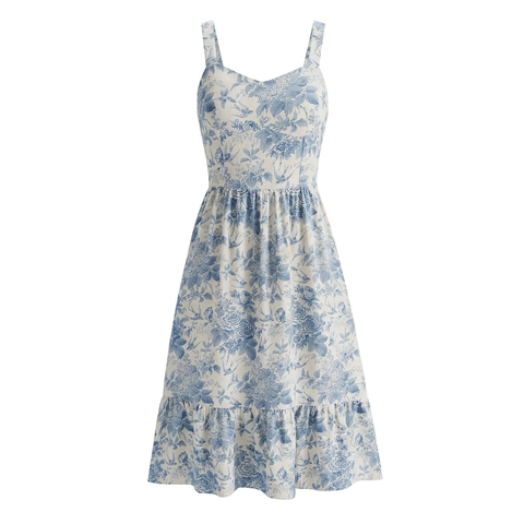 Französisches Vintage Blau Weißes Blumenmuster Spaghettiträger Kleid Rüschensaum Gesmokter Rücken Urlaub Für Damen