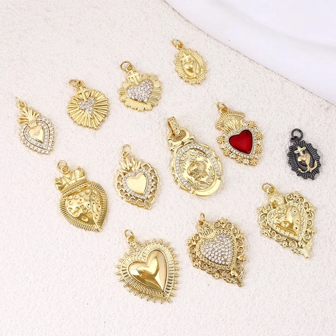 Heart Pendants Copper Gold Plated Rhinestone Sacred Heart Religious Vintage DIY Jewelry Making Charms For Necklace Bracelet