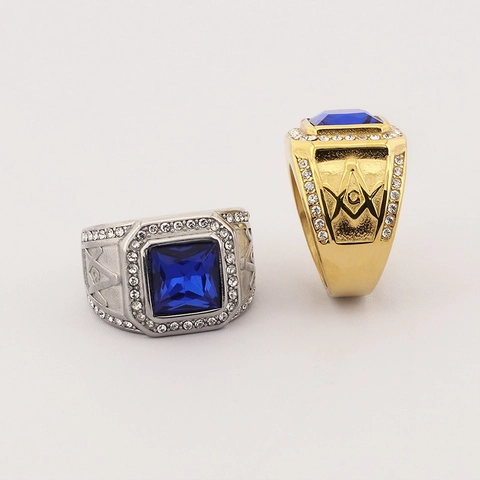 Freimaurer Ring Für Herren Edelstahl Quadratischer Bunter Edelstein Strahlender Hip Hop Retro Siegelring Schmuck
