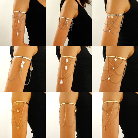 Bohemian Arm Cuff Bracelet Alloy Rhinestone Artificial Pearl Tassel Chain Butterfly Starfish Heart Charm Adjustable Armlet Jewelry Women