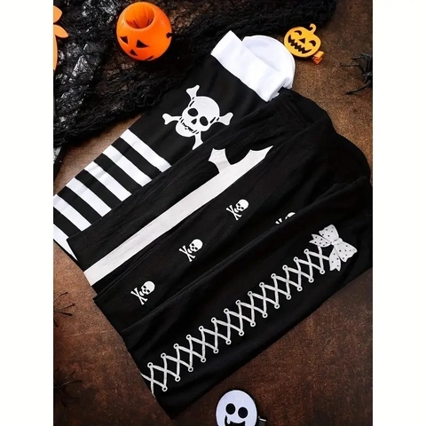 Calcetines Sobre la Rodilla con Esqueleto de Halloween Mangas de Telaraña Guantes Largos Góticos Accesorios de Disfraz Mujer