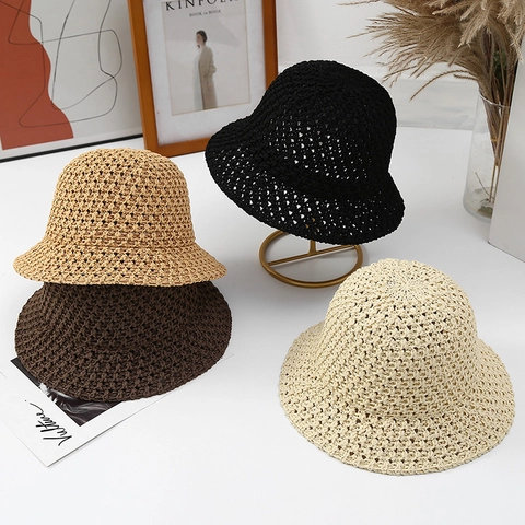 Cappello Alla Pescatora In Cotone E Paglia All'uncinetto Da Donna Pieghevole Traspirante Traforato Protezione Solare Spiaggia Estate