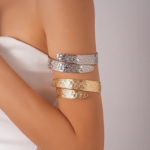 Vintage Hollow Out Floral Pattern Upper Arm Cuff Bracelet Adjustable Open Spiral Wrap Metal Bangle For Women