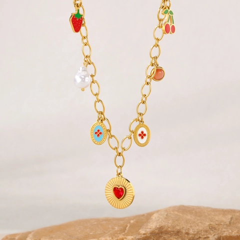 Pendant Necklace Gold Plated Stainless Steel With Strawberry Cherry Heart Charms Artificial Pearl Fashion Jewelry For Women