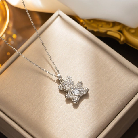 Collana Con Pendente A Orso Acciaio Al Titanio Zircone A Cuore Gioielli Eleganti Per Donna