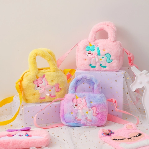 Kids Plush Unicorn Shoulder Bag Rainbow Gradient Embroidery Cute Crossbody Handbag For Girls Fashion Adjustable Strap