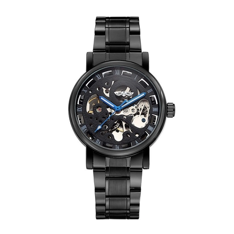 Automatic Mechanical Watch Skeleton Dial Stainless Steel Band Roman Numerals Transparent Back Casual Luxury Business
