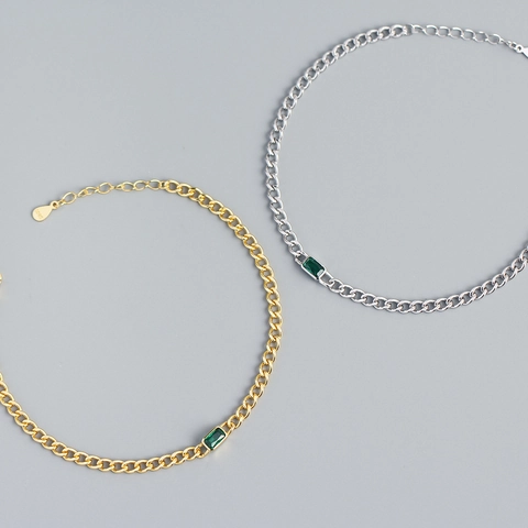Bracciale Argento Sterling 925 Donna Pietra Preziosa Verde Taglio Smeraldo Catena Cubana Lusso Francese Regolabile