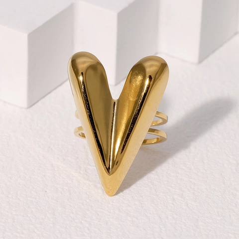 Anello Aperto In Acciaio Inossidabile Forma Cuore V Doppia Fascia Gioielli Geometrici In Metallo Lucido Per Donne