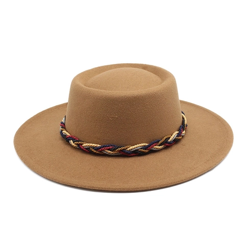 Vintage Wool Felt Boater Hat For Men Women Wide Brim Jazz Fedora With Braided Band Flat Top Retro