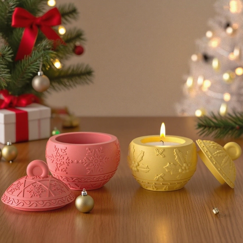 Molde De Silicona En Relieve De Navidad Frasco De Almacenamiento Redondo Con Tapa Copo De Nieve Baya DIY Resina Yeso Candelabro