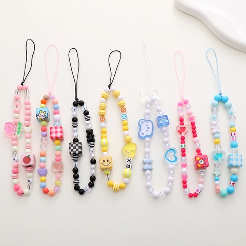 Acrylic Beaded Phone Strap Candy Color Cartoon Bear Heart Checkered Pattern Anti Drop Phone Chain For Women Fashion Bag Pendant