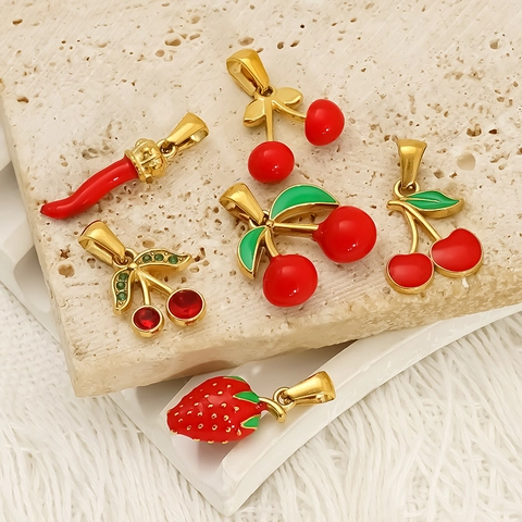 Früchte Anhänger Halskette Kirsche Erdbeere Chili 304 Edelstahl 18K Vergoldet Emaille Zirkon Schmuck Für Damen