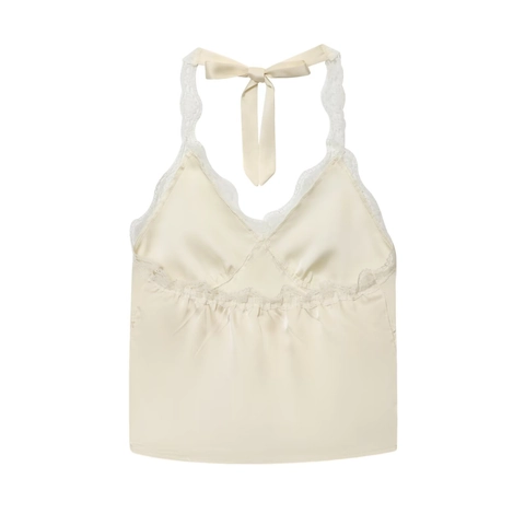 Top De Satén Con Cuello Halter Para Mujer Con Ribete De Encaje Cuello En V Sin Espalda Color Sólido Sexy Top Corto Camisola