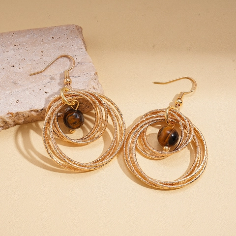 Bohemian Vintage Tiger Eye Dangle Earrings Multi Layer Concentric Circles Gold Tone Metal Alloy Geometric For Women