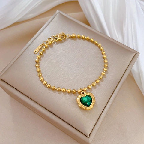 Heart Green Gemstone Bracelet Stainless Steel Gold Color Bead Chain Retro Style Jewelry Gift For Women