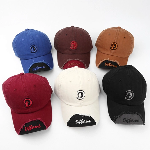 Vintage Washed Cotton Baseball Cap Distressed Frayed Edge Letter D Embroidery Adjustable Streetwear Hat For Men Women