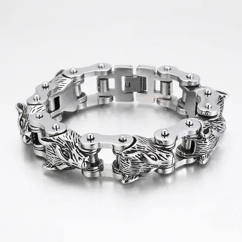 Pulsera Cabeza De Lobo Hombre Acero Inoxidable Biker Cadena Moto Punk Rock Hip Hop Gótico Joyería Accesorio Heavy Metal