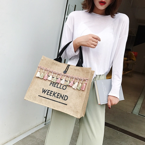 Women Jute Tote Bag With Colorful Tassels Hello Weekend Letter Print Large Capacity Casual Beach Vacation Jute Handbag